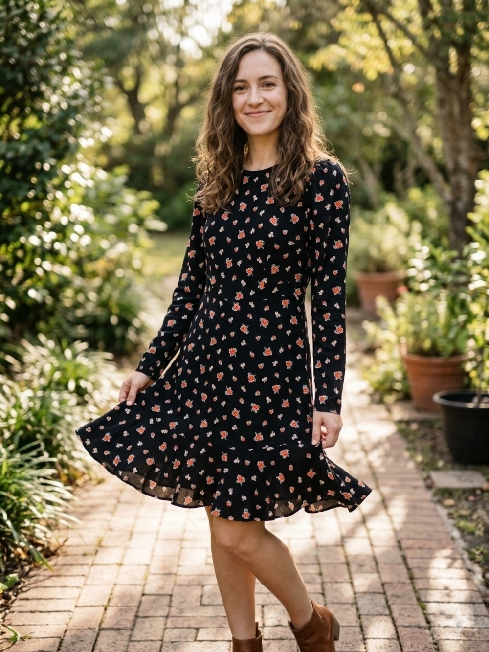 Boden Black Floral Long-Sleeve Ruffle-Hem Dress